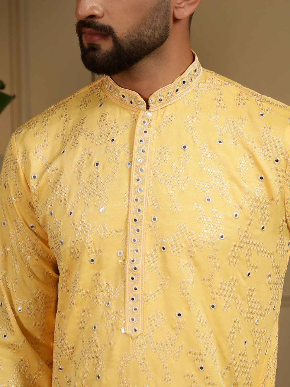 Yellow Pure Heavy Cotton Embroidery Sequence Work Kurta Pajama 