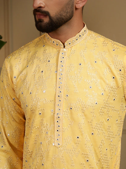 Yellow Pure Heavy Cotton Embroidery Sequence Work Kurta Pajama 
