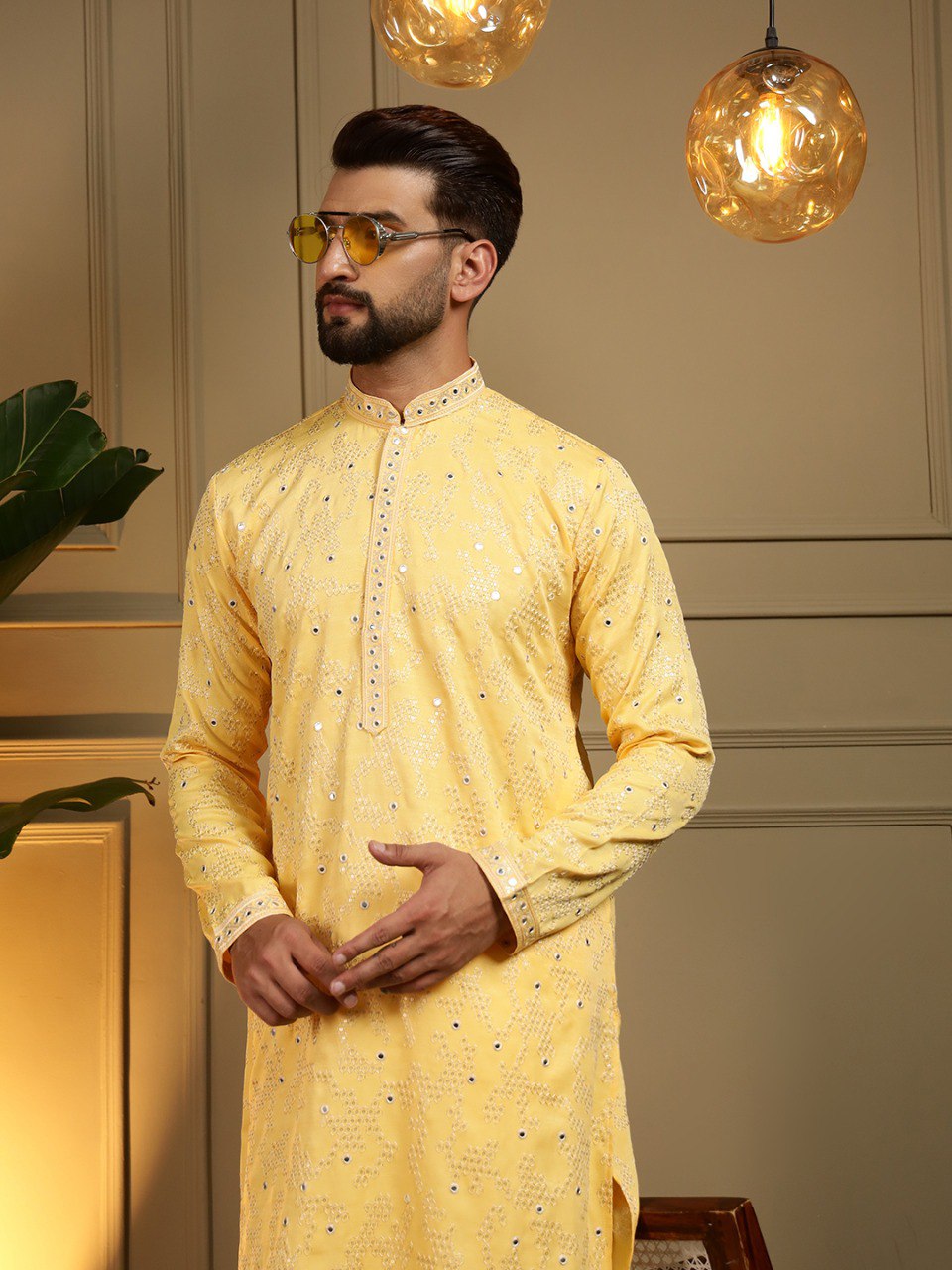Yellow Pure Heavy Cotton Embroidery Sequence Work Kurta Pajama 