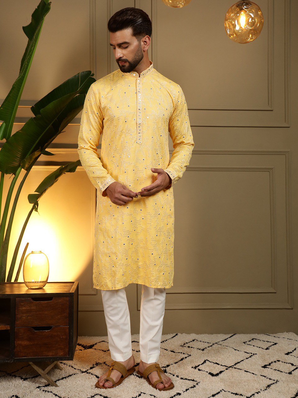 Yellow Pure Heavy Cotton Embroidery Sequence Work Kurta Pajama 