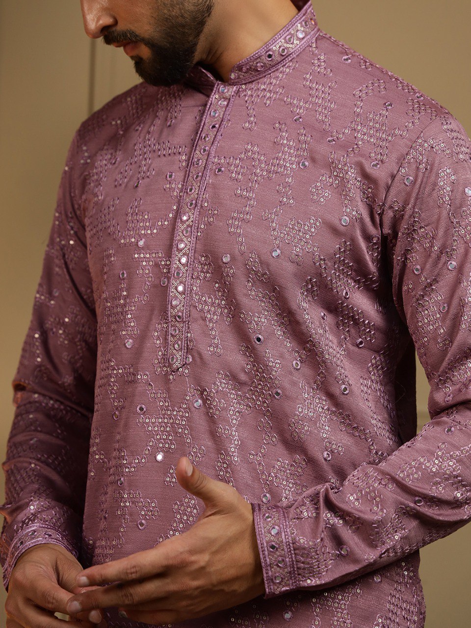 Mauve Pure Heavy Cotton Embroidery Sequence Work Kurta Pajama 