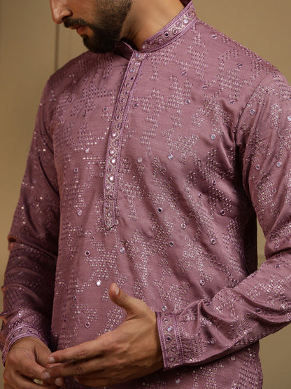 Mauve Pure Heavy Cotton Embroidery Sequence Work Kurta Pajama 