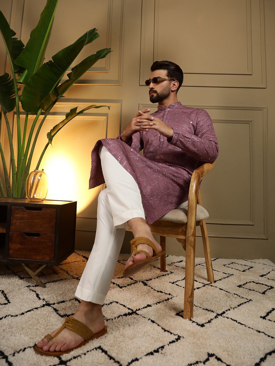 Mauve Pure Heavy Cotton Embroidery Sequence Work Kurta Pajama 