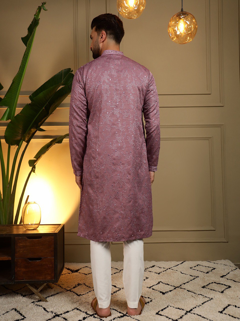 Mauve Pure Heavy Cotton Embroidery Sequence Work Kurta Pajama 