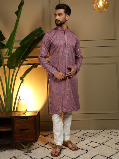 Mauve Pure Heavy Cotton Embroidery Sequence Work Kurta Pajama 