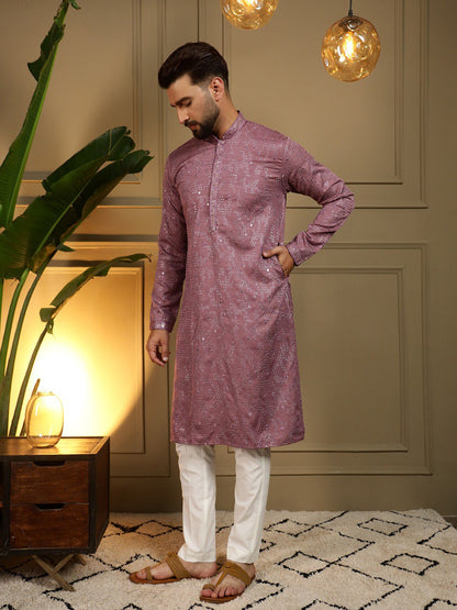 Mauve Pure Heavy Cotton Embroidery Sequence Work Kurta Pajama 