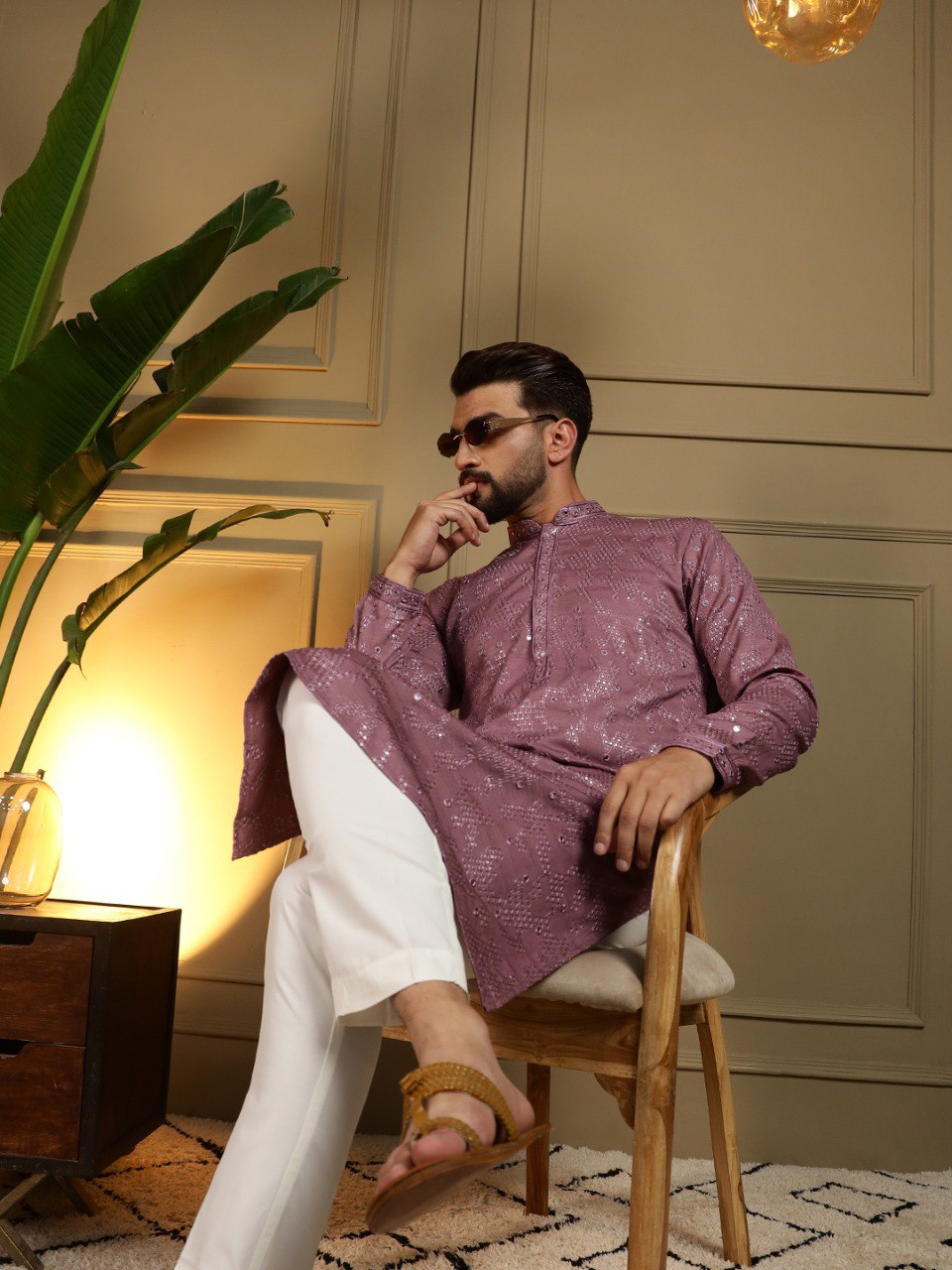 Mauve Pure Heavy Cotton Embroidery Sequence Work Kurta Pajama 