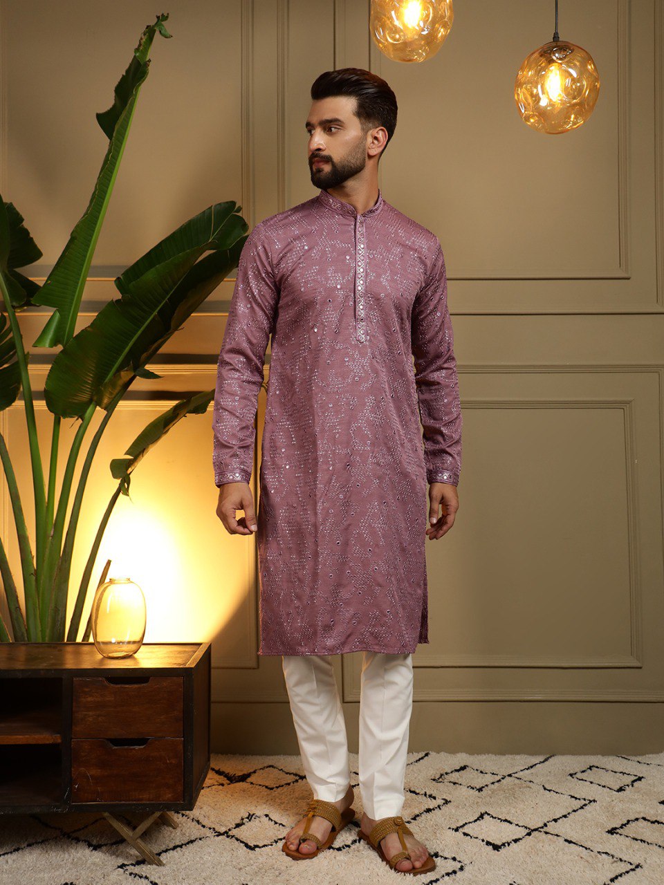 Mauve Pure Heavy Cotton Embroidery Sequence Work Kurta Pajama 