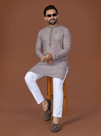 Lavender Pure Heavy Cotton Lucknowi Work Kurta Pajama 
