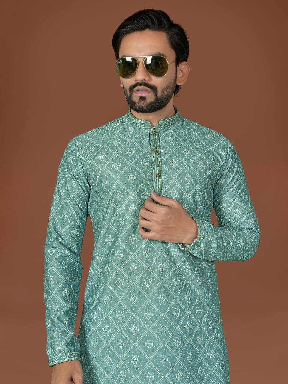 Green Pure Heavy Cotton Lucknowi Work Kurta Pajama 
