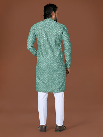 Green Pure Heavy Cotton Lucknowi Work Kurta Pajama 