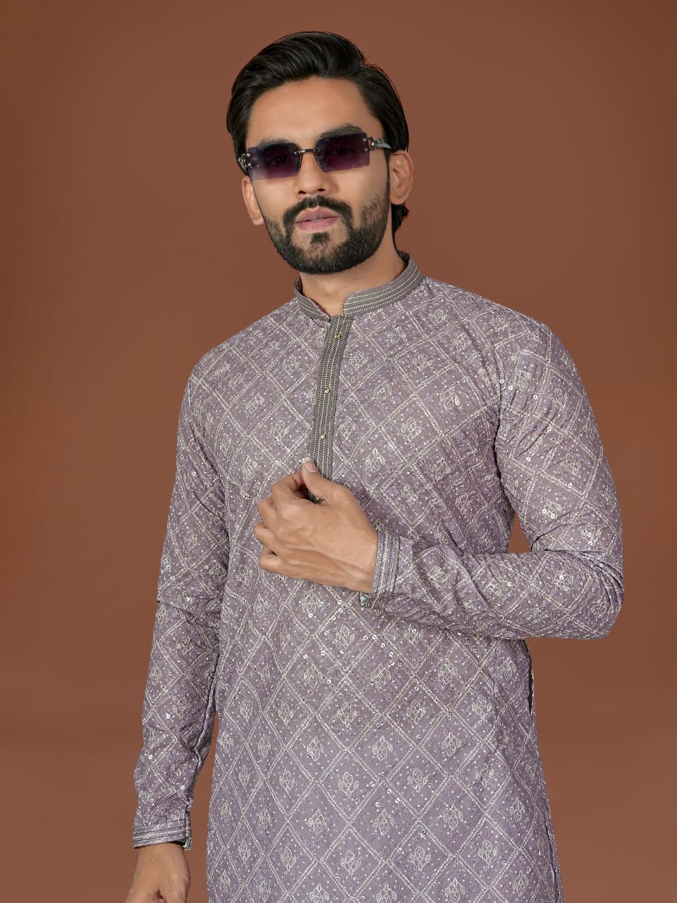 Lavender Pure Heavy Cotton Lucknowi Work Kurta Pajama 