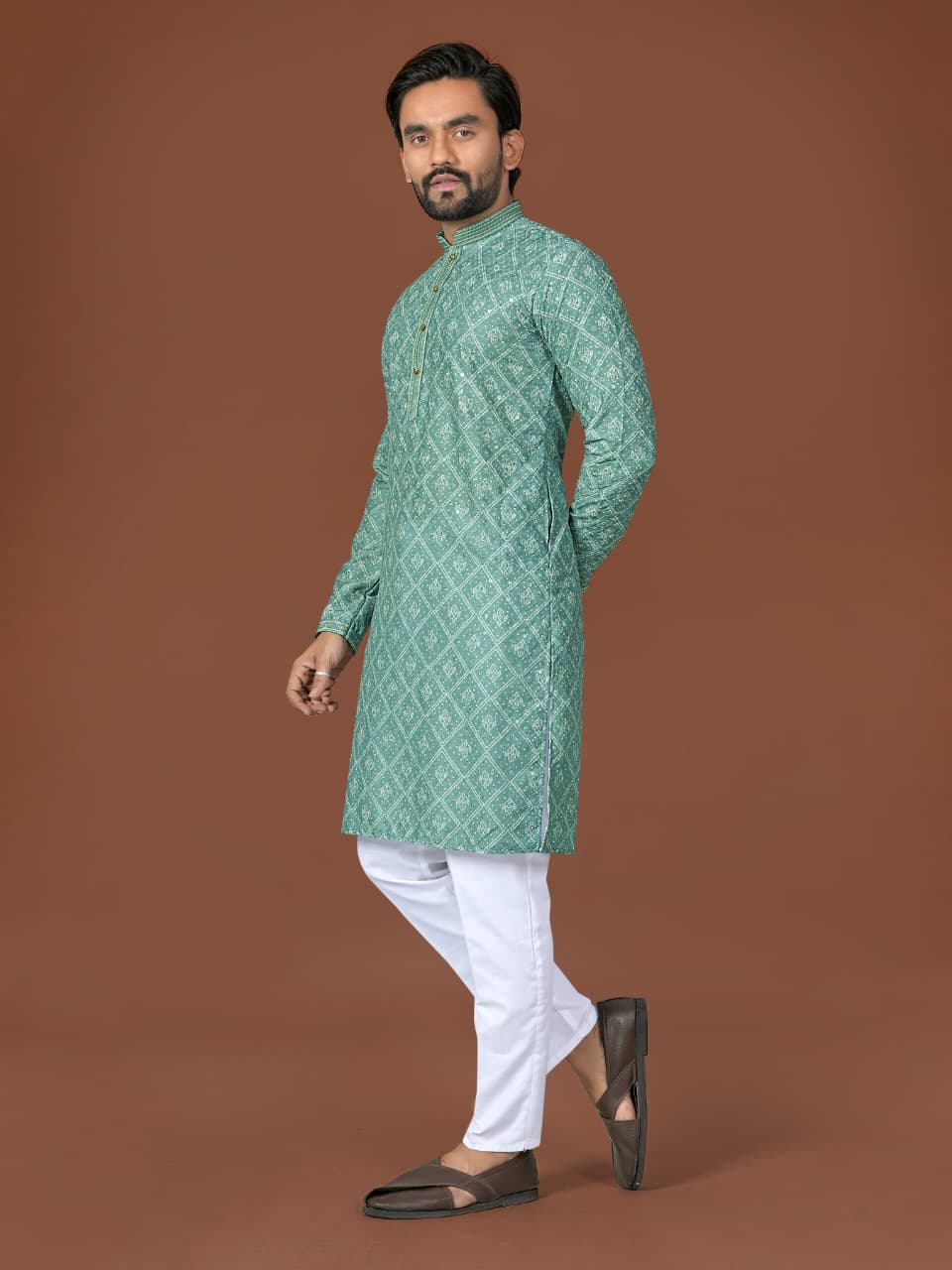 Green Pure Heavy Cotton Lucknowi Work Kurta Pajama 