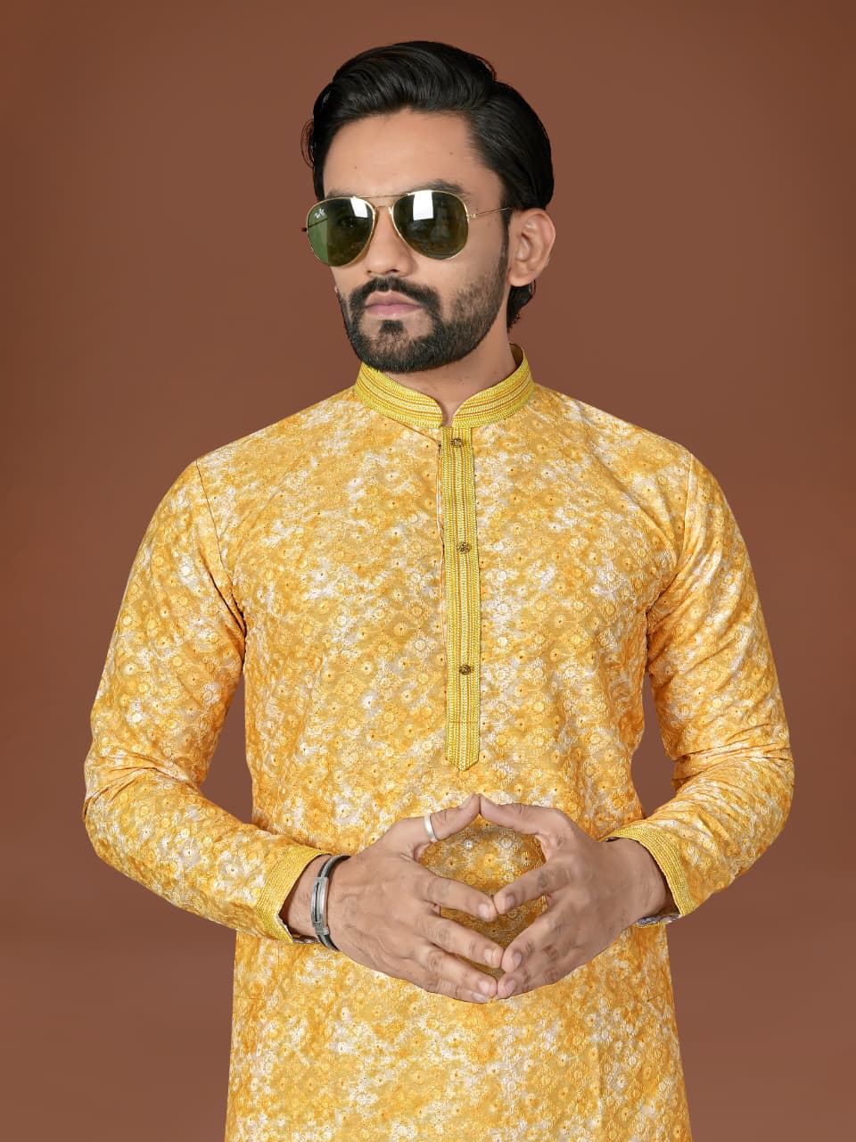 Yellow Pure Heavy Cotton Lucknowi Work Kurta Pajama 