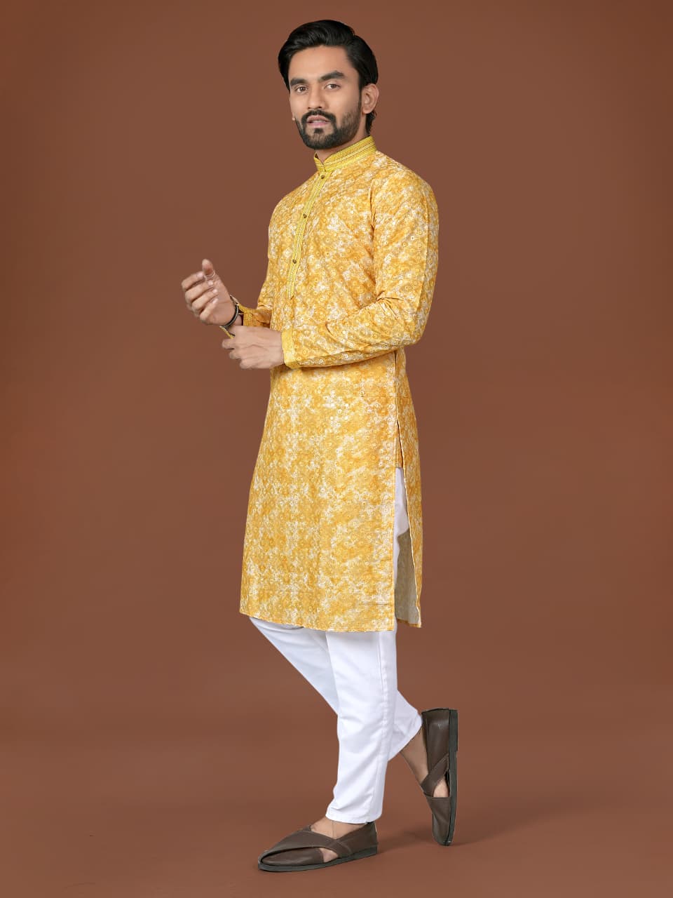 Yellow Pure Heavy Cotton Lucknowi Work Kurta Pajama 