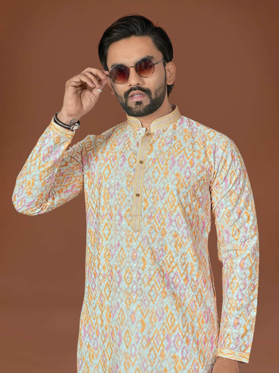 Mustard Pure Heavy Cotton Lucknowi Work Kurta Pajama 