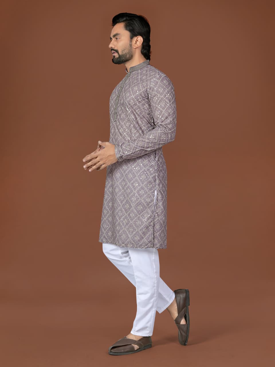 Lavender Pure Heavy Cotton Lucknowi Work Kurta Pajama 