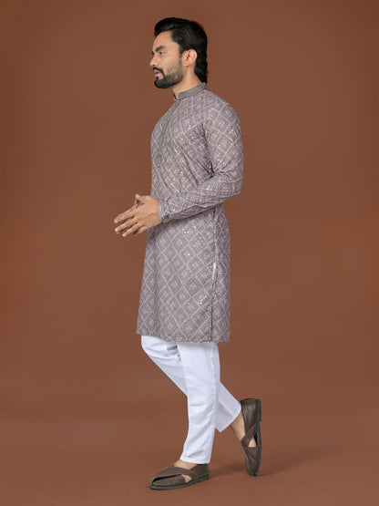Lavender Pure Heavy Cotton Lucknowi Work Kurta Pajama 