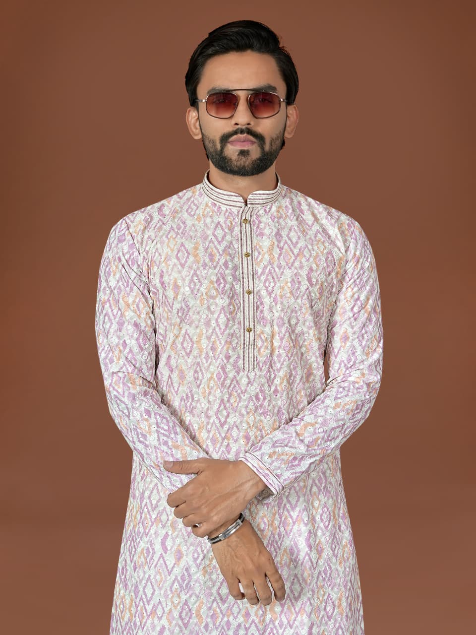 Cream Pure Heavy Cotton Lucknowi Work Kurta Pajama 
