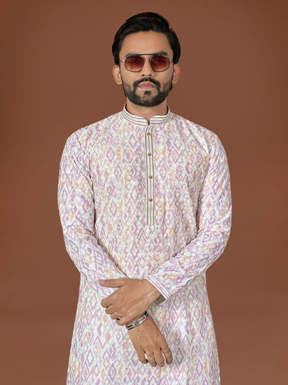 Cream Pure Heavy Cotton Lucknowi Work Kurta Pajama 