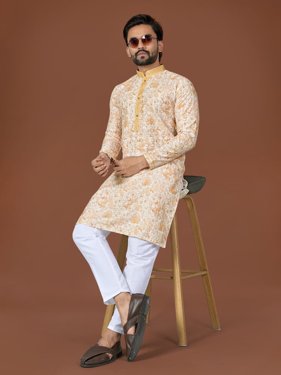 Mustard Pure Heavy Cotton Lucknowi Work Kurta Pajama 