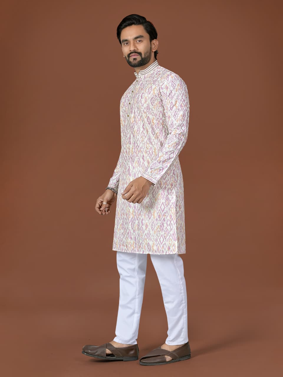 Cream Pure Heavy Cotton Lucknowi Work Kurta Pajama 