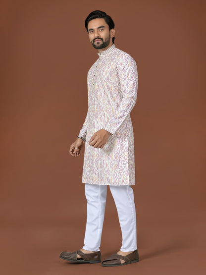 Cream Pure Heavy Cotton Lucknowi Work Kurta Pajama 