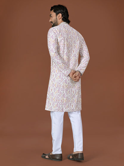 Cream Pure Heavy Cotton Lucknowi Work Kurta Pajama 
