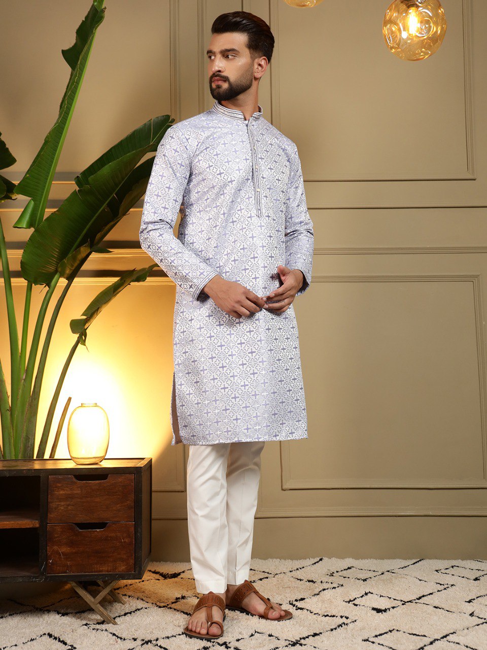Blue Pure Heavy Jacquar Silk Kurta Pajama 