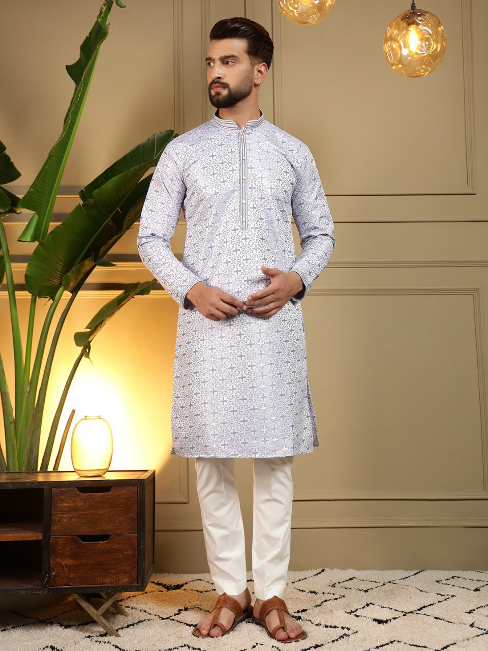 Blue Pure Heavy Jacquar Silk Kurta Pajama 