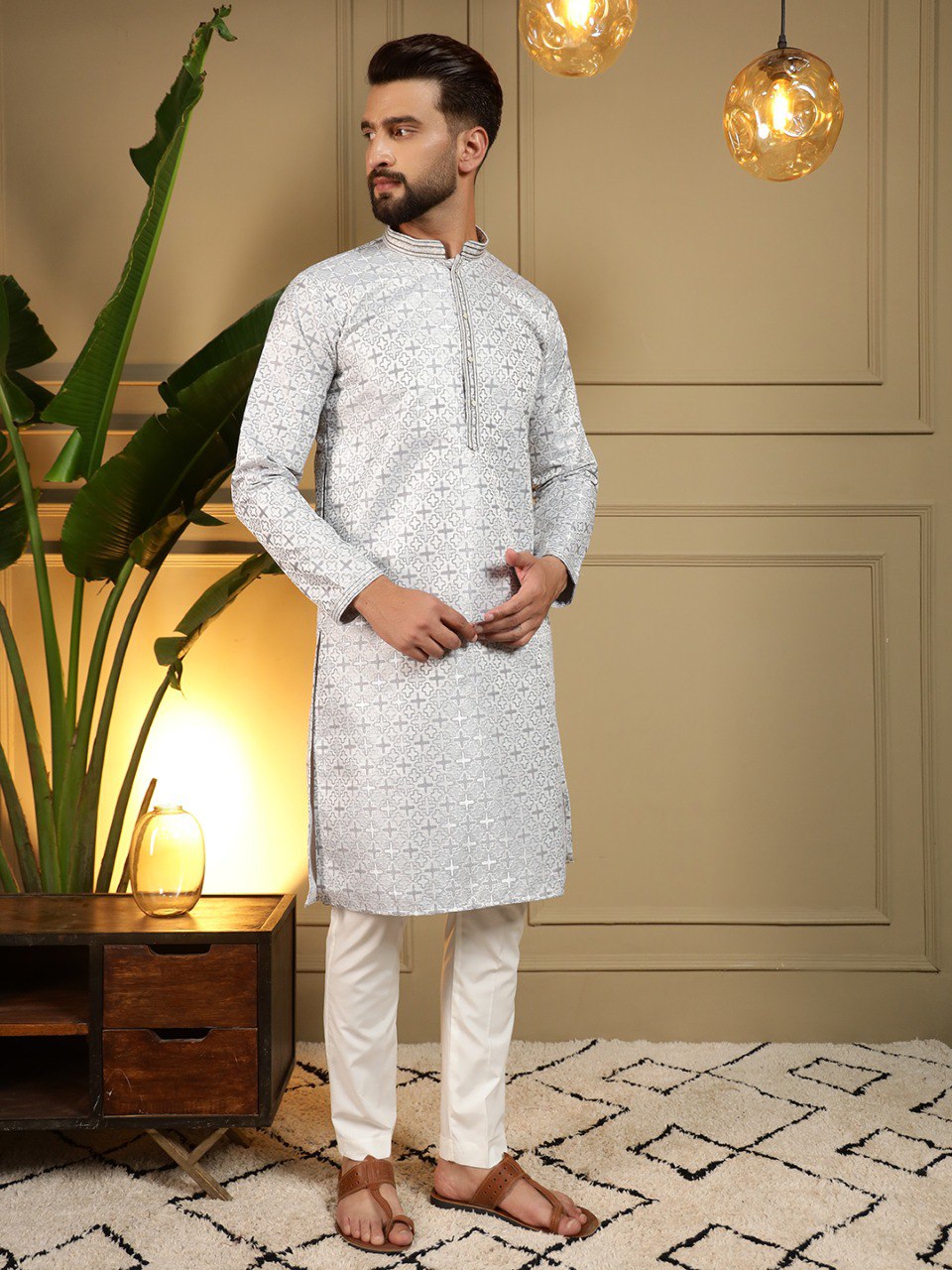 Grey Pure Heavy Jacquar Silk Kurta Pajama 