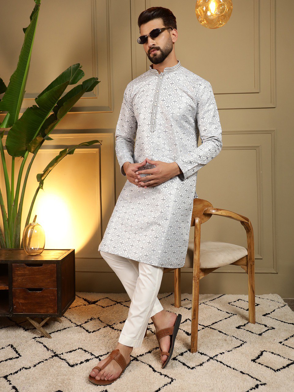 Grey Pure Heavy Jacquar Silk Kurta Pajama 