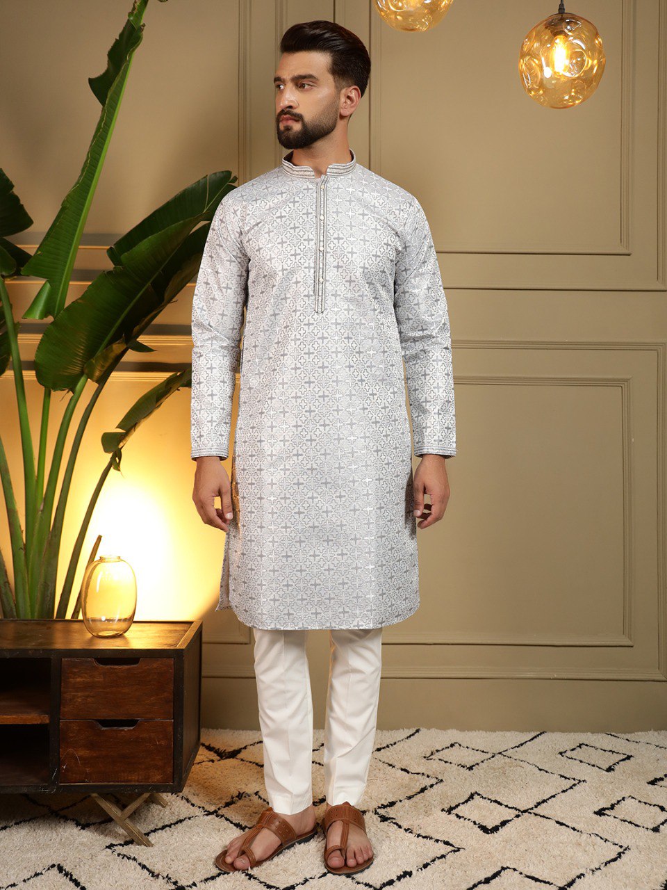 Grey Pure Heavy Jacquar Silk Kurta Pajama 