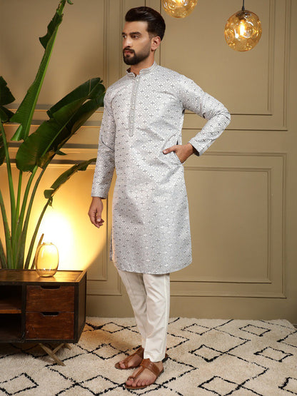 Grey Pure Heavy Jacquar Silk Kurta Pajama 
