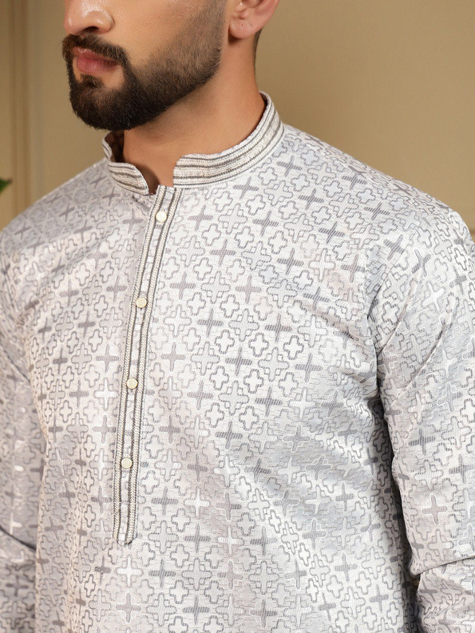 Grey Pure Heavy Jacquar Silk Kurta Pajama 