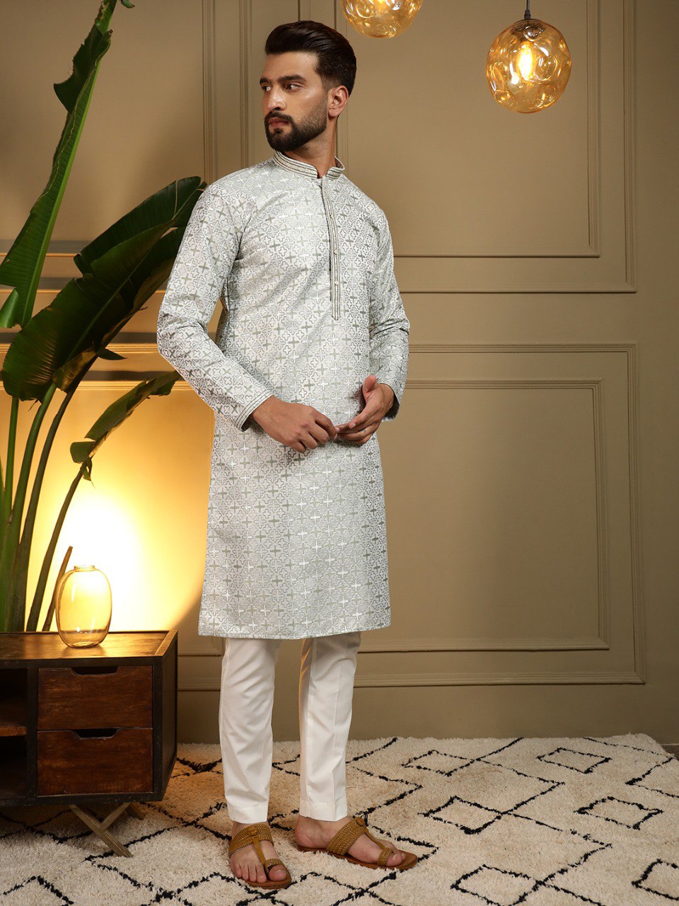 Green Pure Heavy Jacquar Silk Kurta Pajama 