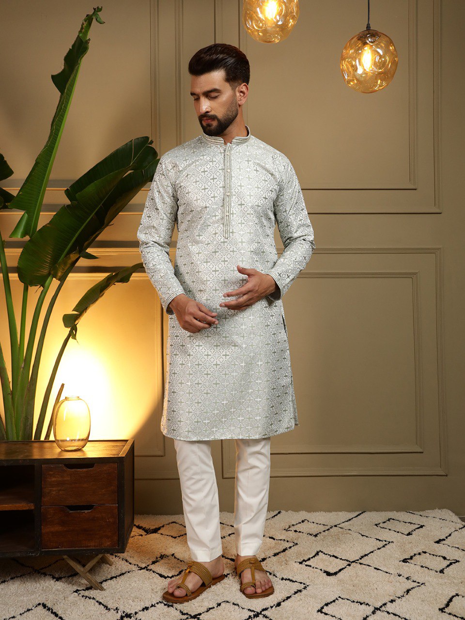 Green Pure Heavy Jacquar Silk Kurta Pajama 