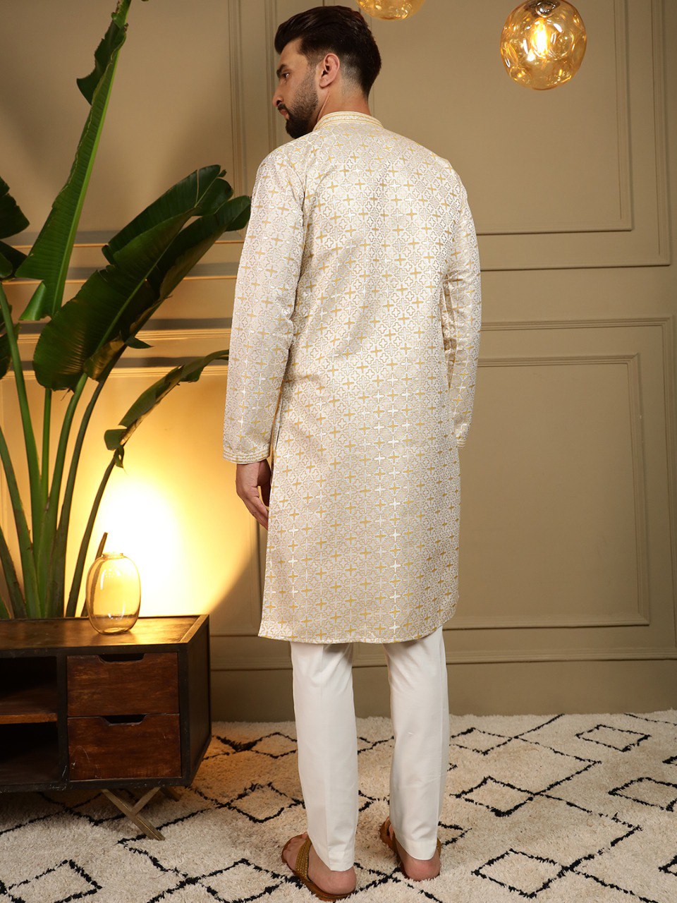 Yellow Pure Heavy Jacquar Silk Kurta Pajama 