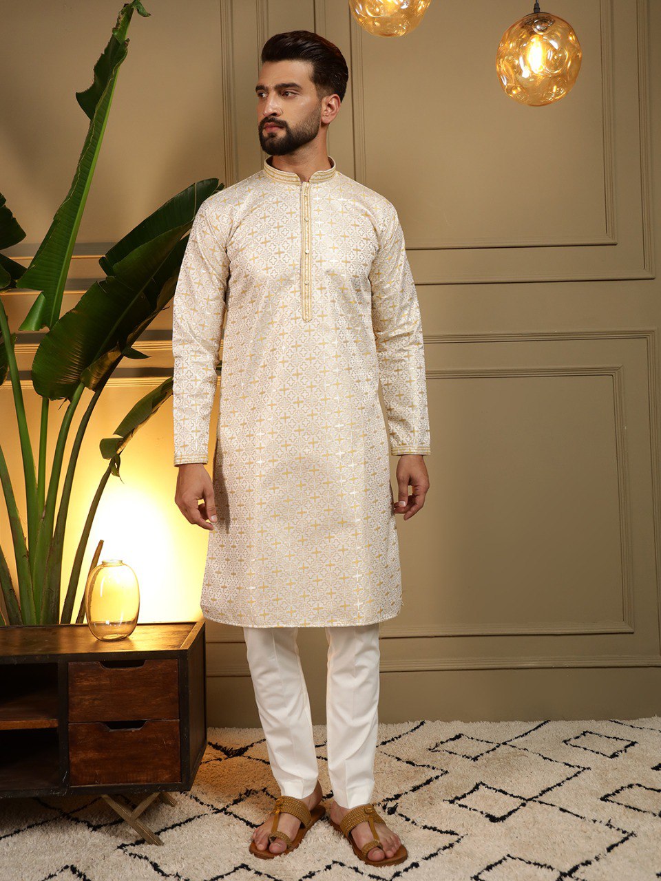 Yellow Pure Heavy Jacquar Silk Kurta Pajama 