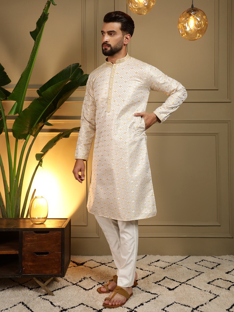 Yellow Pure Heavy Jacquar Silk Kurta Pajama 