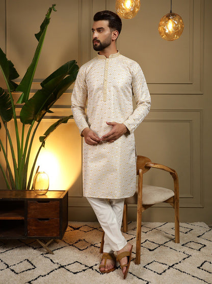 Yellow Pure Heavy Jacquar Silk Kurta Pajama 
