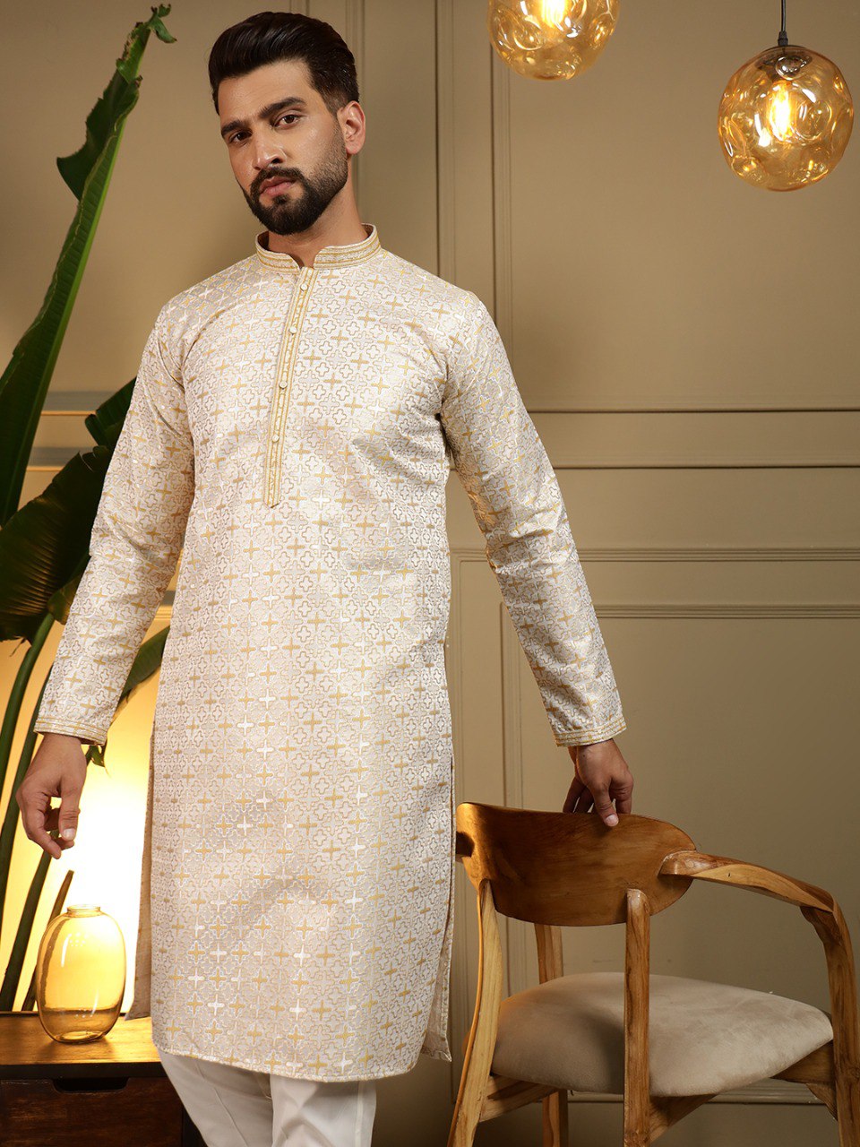Yellow Pure Heavy Jacquar Silk Kurta Pajama 