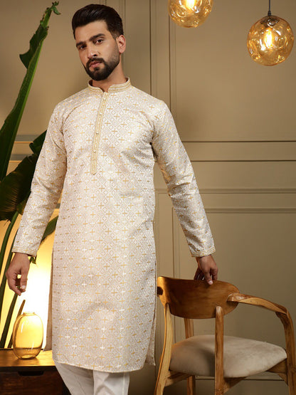 Yellow Pure Heavy Jacquar Silk Kurta Pajama 