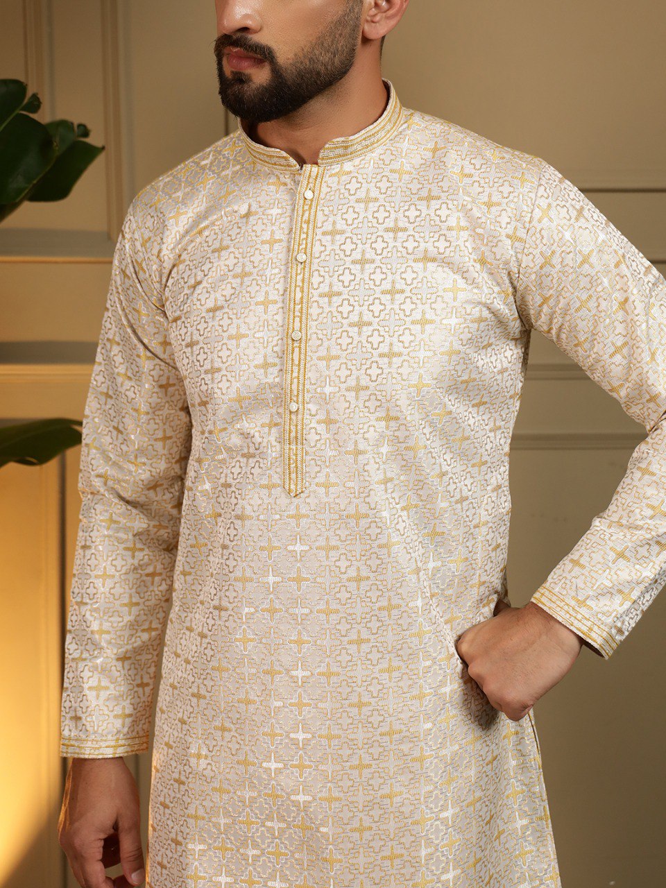 Yellow Pure Heavy Jacquar Silk Kurta Pajama 