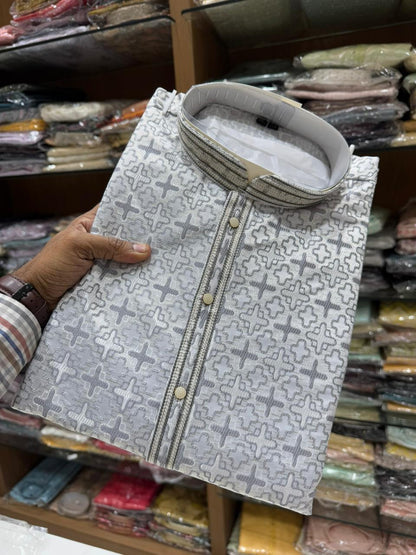 Grey Pure Heavy Jacquar Silk Kurta Pajama 