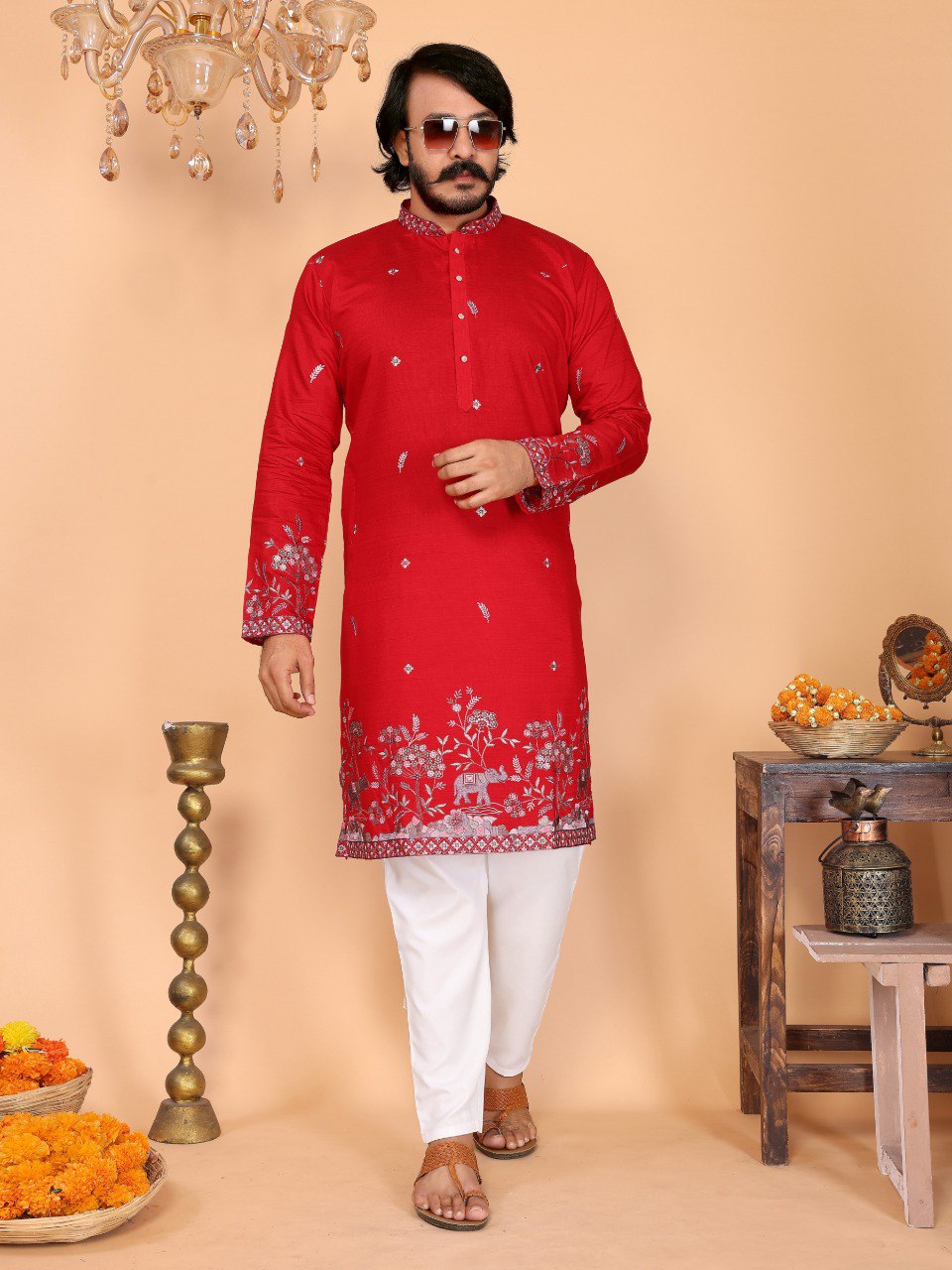 Red Pure Heavy Linen Cotton Heavy Embroidery Work Kurta Pajama 