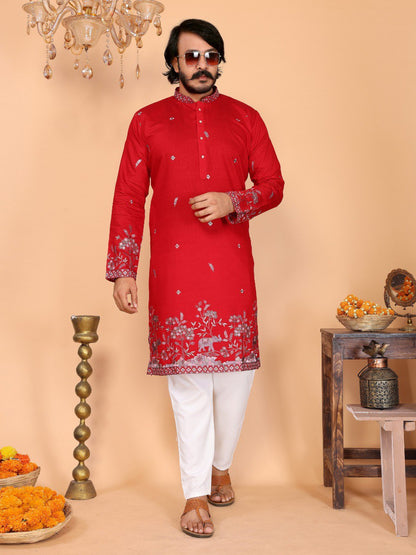 Red Pure Heavy Linen Cotton Heavy Embroidery Work Kurta Pajama 