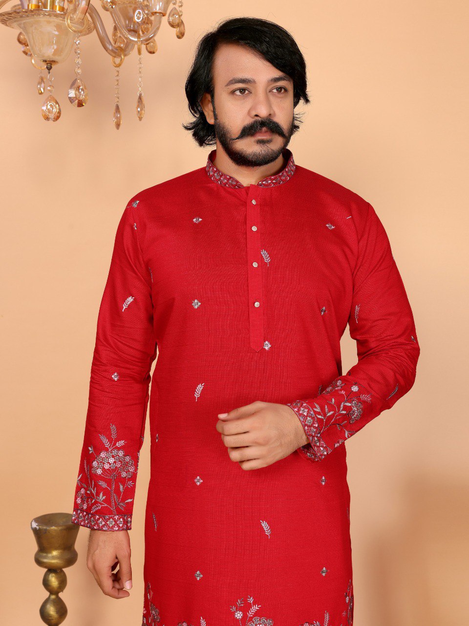 Red Pure Heavy Linen Cotton Heavy Embroidery Work Kurta Pajama 