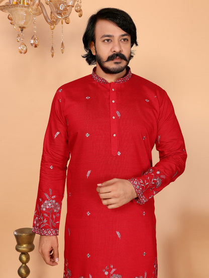 Red Pure Heavy Linen Cotton Heavy Embroidery Work Kurta Pajama 