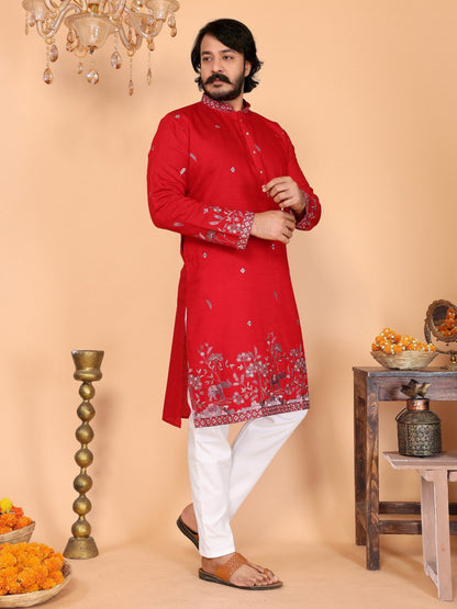 Red Pure Heavy Linen Cotton Heavy Embroidery Work Kurta Pajama 